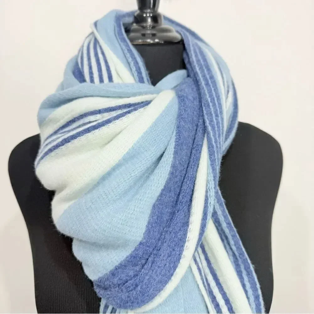 Free People Color Block Blue Stripe Oversized Fringed Edge Scarf Shawl Wrap
